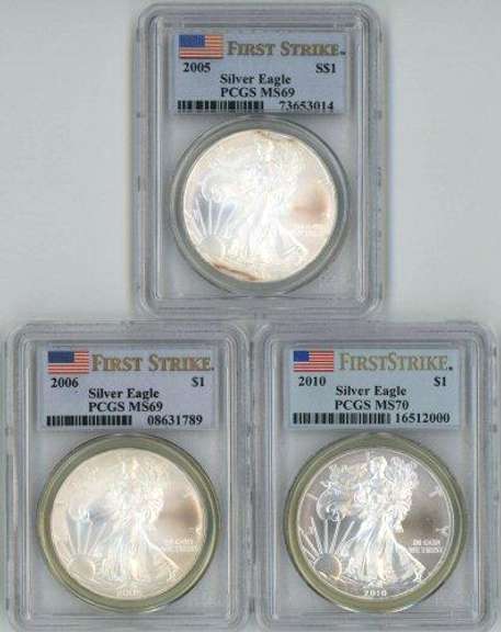 3 Diff. FIRST STRIKE PCGS MS69 $1 Silver Eagles 2005-07