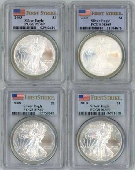 4 Diff. PCGS MS69 FIRST STRIKE $1 Silver Eagles 2005-10