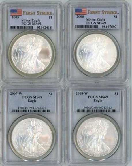 4 Diff. PCGS MS69 $1 American Silver Eagles 2005-2008