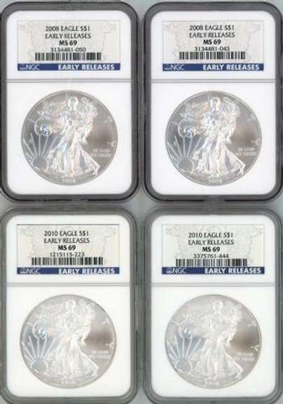 4 NGC MS69 EARLY RELEASES Silver $1's: 2 2008 & 2 2010