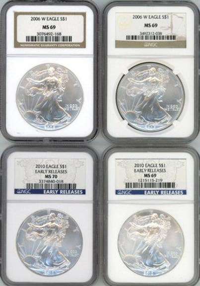 2 2006-W & 2 2010 NGC MS69 graded $1 Silver Eagles