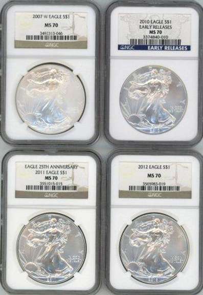 4 Diff. perfect NGC MS70 graded $1 Silver Eagle coins