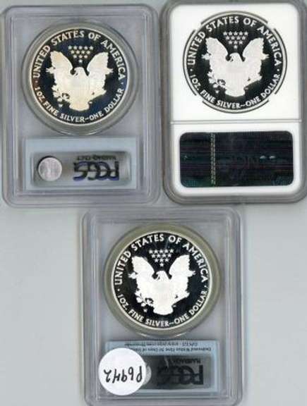 3 Diff. Proof-69 graded $1 Silver Eagles. PCGS & NGC
