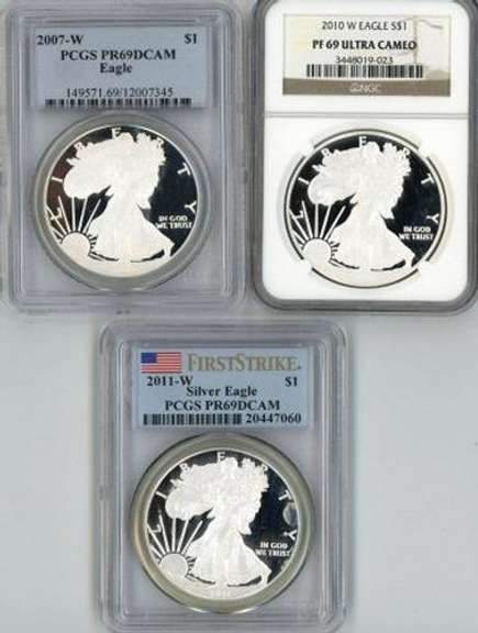 3 Diff. Proof-69 graded $1 Silver Eagles. PCGS & NGC