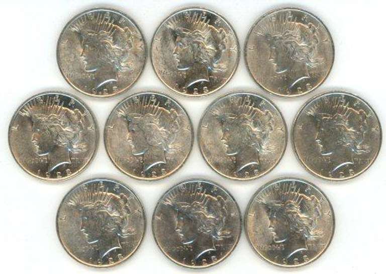 Half Roll of ten (10) nice BU 1923 Peace Silver Dollars
