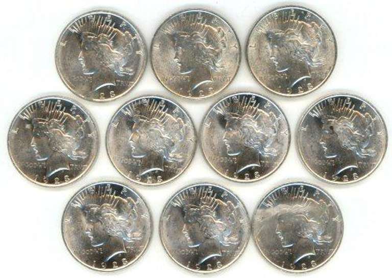 Half Roll of ten (10) nice BU 1923 Peace Silver Dollars
