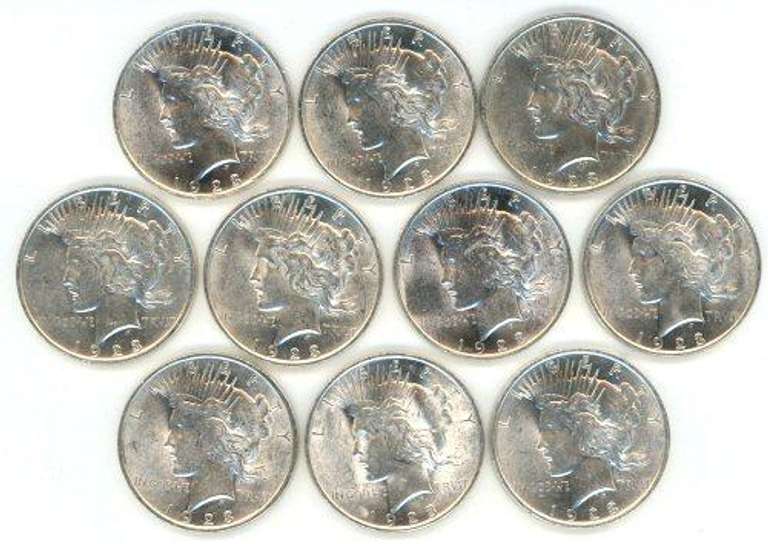 Half Roll of ten (10) AU/BU 1923 Peace Silver Dollars