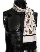 DOLCE & GABBANA WHITE, BLACK SILK MUSICAL INSTRUMENT FRINGES SCARF