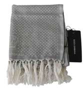 DOLCE & GABBANA GRAY SILK POLKA DOT PRINT FRINGES WRAP SCARF