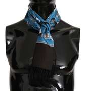 DOLCE & GABBANA BLUE PATTERNED TASSEL SILK MENS SCARF