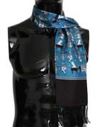 DOLCE & GABBANA BLUE PATTERNED TASSEL SILK MENS SCARF
