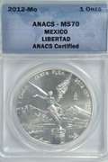 Flawless 2012 Mexico Libertad 1 Onza Silver. ANACS MS70