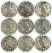 9 Assorted Peace Silver Dollars from 1922 & 1923