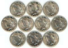 Half Roll of ten (10) nice BU 1923 Peace Silver Dollars