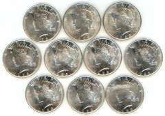 Half Roll of ten (10) nice BU 1923 Peace Silver Dollars