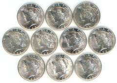 Half Roll of ten (10) AU/BU 1923 Peace Silver Dollars