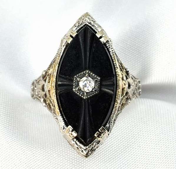 Vintage Filigree WG Black Onyx Ring
