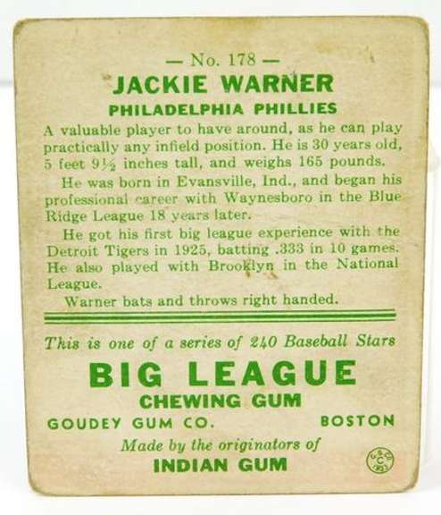 Jackie Warner, Phillies 1933 Goudey Gum Baseball Card