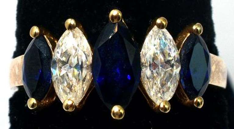 CZ & Sapphire Marquise Ring in 14KT Yellow Gold