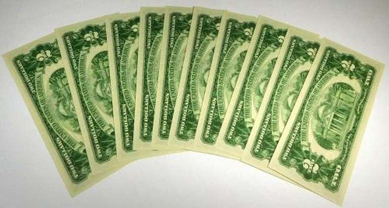 (10) Gem Crisp 1963 $2 Red Seal Notes Consecutive Serial Numbers!