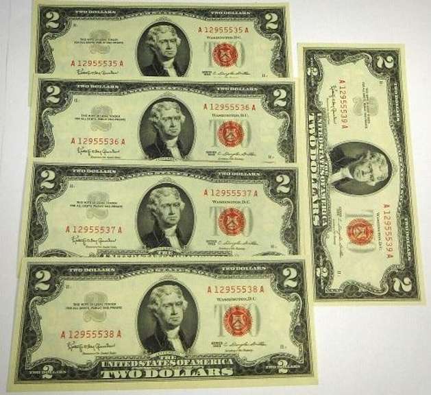 (5) Crisp Exceptional 1963 $2 Red Seal Notes Consecutive Serial Numbers!