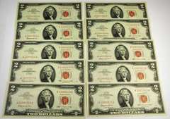 (10) Gem Crisp 1963 $2 Red Seal Notes Consecutive Serial Numbers!