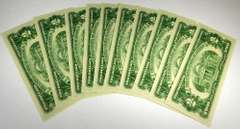 (10) Gem Crisp 1963 $2 Red Seal Notes Consecutive Serial Numbers!