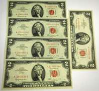 (5) Crisp Exceptional 1963 $2 Red Seal Notes Consecutive Serial Numbers!