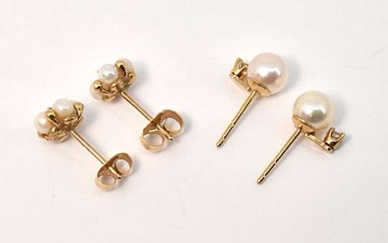 Two Pairs 14k Pearl & Diamond Earrings