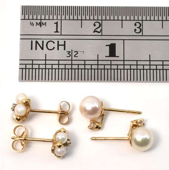 Two Pairs 14k Pearl & Diamond Earrings