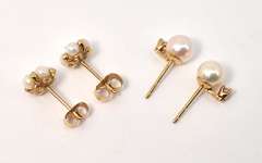 Two Pairs 14k Pearl & Diamond Earrings