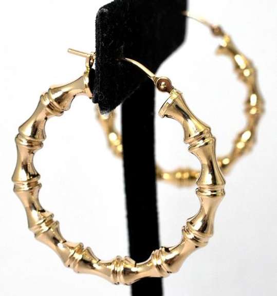 Bamboo Style Hoop Earrings in 14KT Yellow Gold