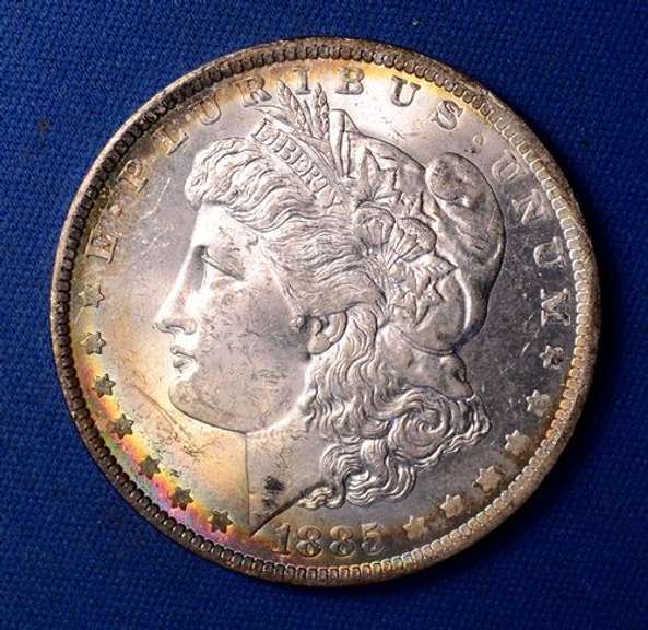 Colorful Toned 1885-O Morgan Dollar, Frosty BU