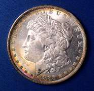 Colorful Toned 1885-O Morgan Dollar, Frosty BU