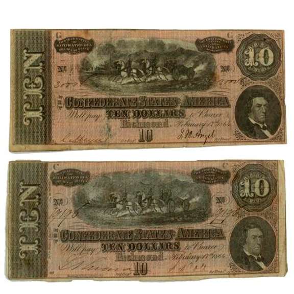 2 Near $10 Confederate Notes Feb 17 1864 CR-68