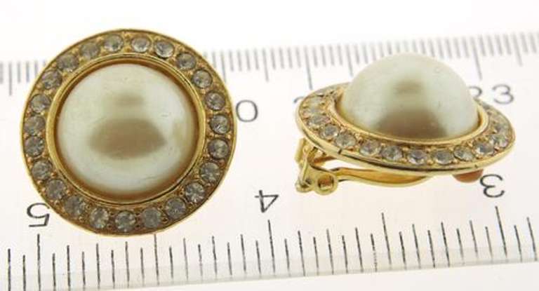 Vintage Gold Plated Pearl With Crystals Clip Earrings