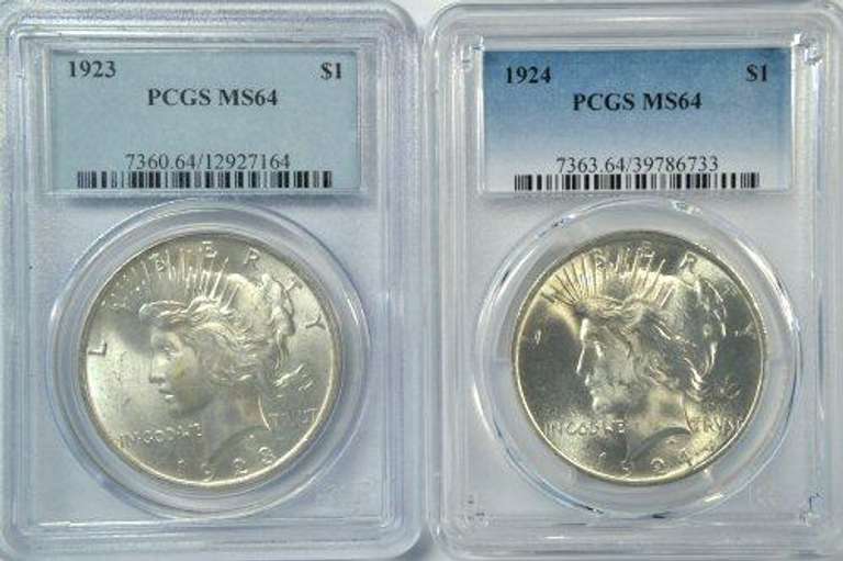 Near Gem BU 1923 & 1924 Peace Silver Dollars. PCGS MS64
