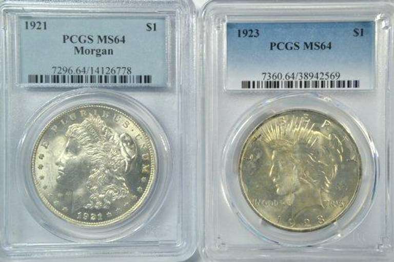 Near Gem BU 1921 Morgan & 1923 Peace Dollars. PCGS MS64