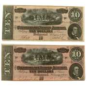 2 Near Uncirculated $10 Confederate Notes Feb 17 1864 CR-68