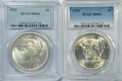 Near Gem BU 1923 & 1924 Peace Silver Dollars. PCGS MS64