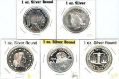 5 Diff. 1 Troy Oz pure .999 fine silver rounds. Holders