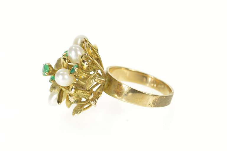 14K Yellow Gold 1960's Pearl Emerald Leaf Cluster Cocktail Ring