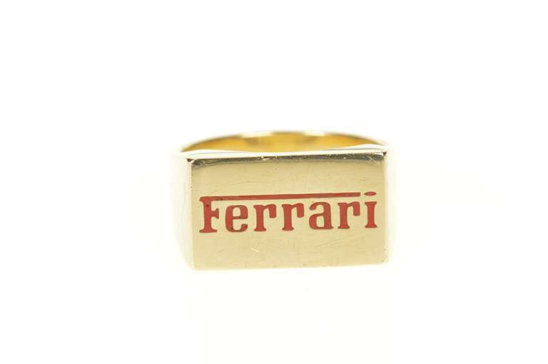 14K Yellow Gold Red Enamel Ferrari Logo Squared Men's Ring