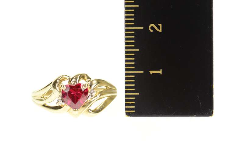 10K Yellow Gold Heart Syn. Ruby Diamond Accent Bypass Ring