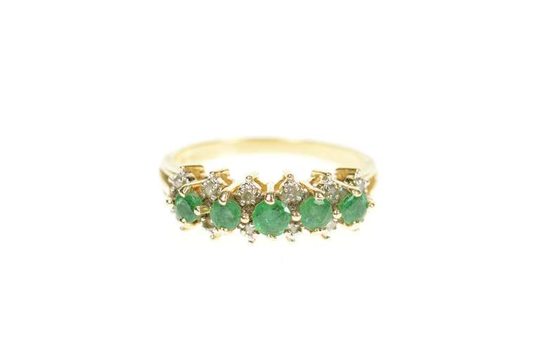 14K Yellow Gold Emerald Diamond Checkered Wedding Band Ring
