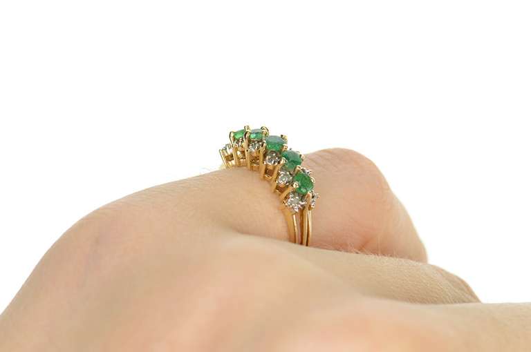 14K Yellow Gold Emerald Diamond Checkered Wedding Band Ring
