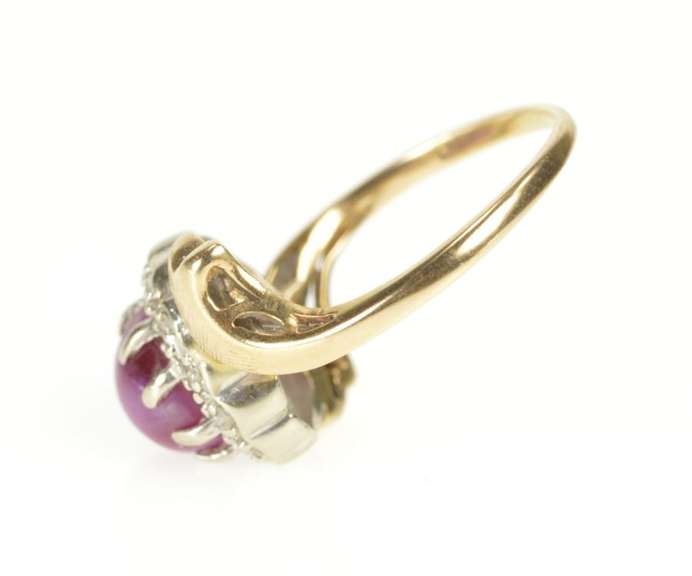 14K Yellow Gold Retro Star Ruby Diamond Halo Bypass Ring