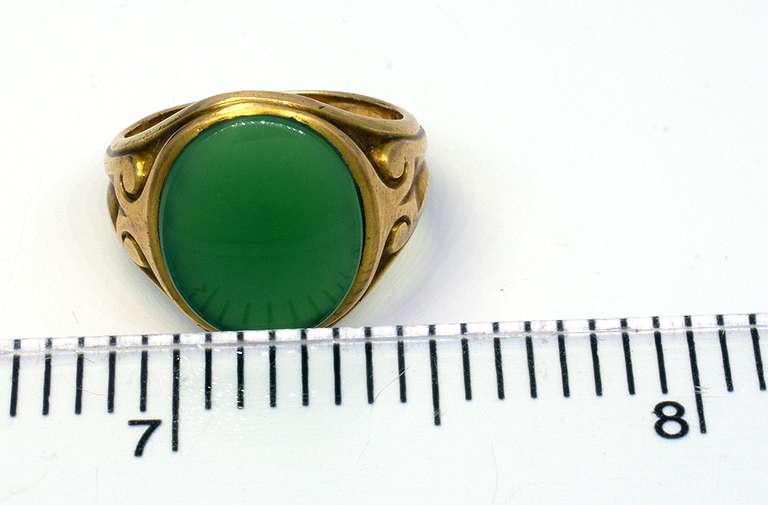 Art Nouveau Green Chalcedony Signet Pinky Ring