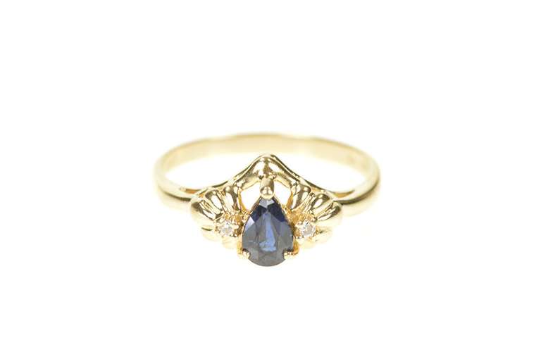 14K Yellow Gold Pear Natural Sapphire Diamond Engagement Ring