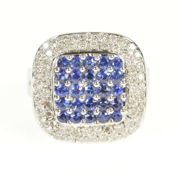 18K White Gold 2.18 Ctw Squared Sapphire Diamond Statement Ring